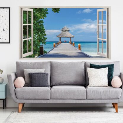 3d Window Beach View Wall Sticker - Removable Bedroom Ocean Scene Vinyl Room Decal - Large Tropical Picture Frame Landscape Decoration - Image 10