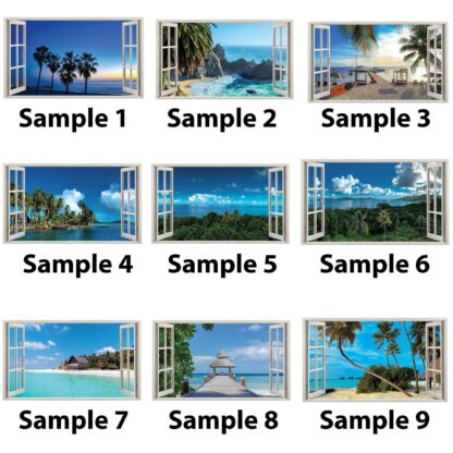 3d Window Beach View Wall Sticker - Removable Bedroom Ocean Scene Vinyl Room Decal - Large Tropical Picture Frame Landscape Decoration - Image 3