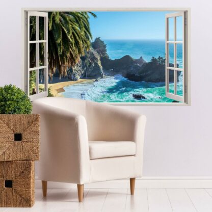3d Window Beach View Wall Sticker - Removable Bedroom Ocean Scene Vinyl Room Decal - Large Tropical Picture Frame Landscape Decoration - Image 6
