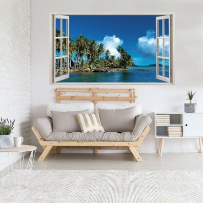 3d Window Beach View Wall Sticker - Removable Bedroom Ocean Scene Vinyl Room Decal - Large Tropical Picture Frame Landscape Decoration - Image 8
