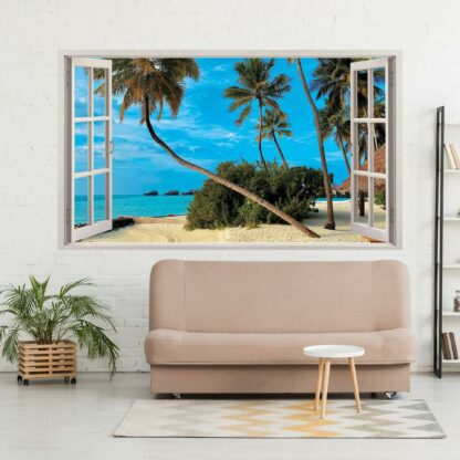 3d Window Beach View Wall Sticker - Removable Bedroom Ocean Scene Vinyl Room Decal - Large Tropical Picture Frame Landscape Decoration - Image 9